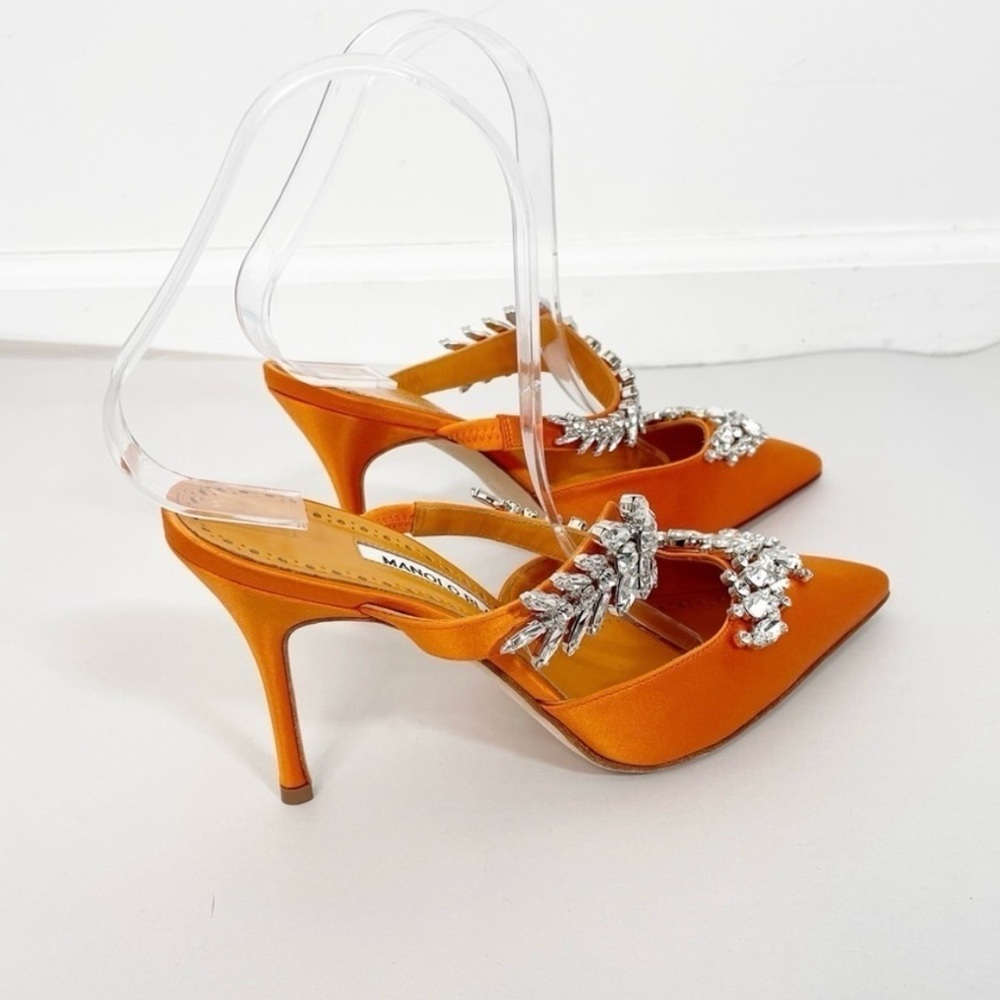 Manolo Blahnik Orange Lurum Crystal Satin Mules Heel - Picture 4 of 10
